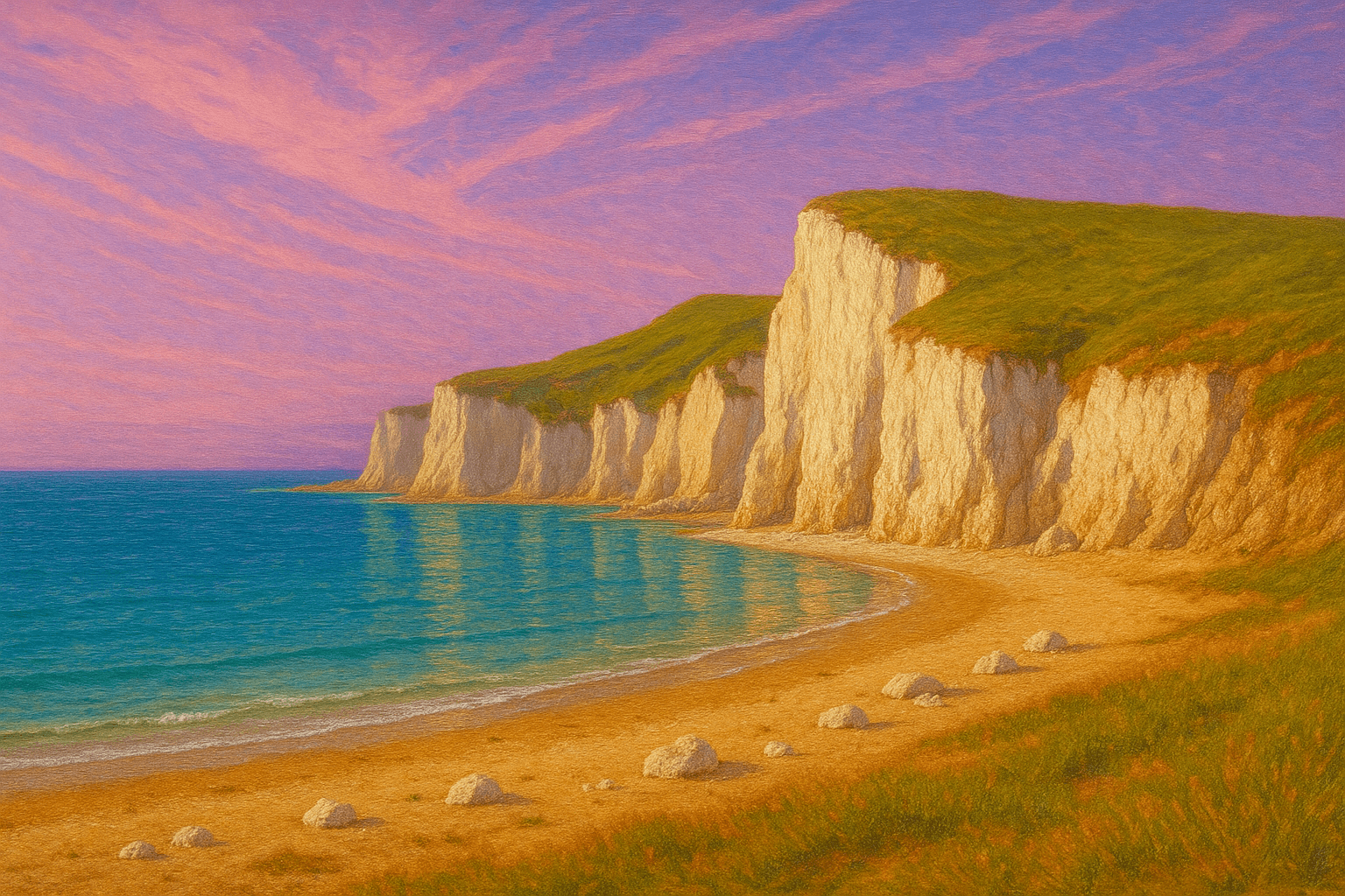 Pre-Raphaelite oil painting: white chalk cliffs on the Jurassic Coast at evening