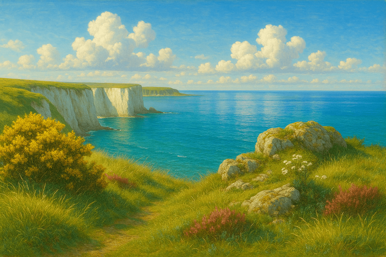 Pre-Raphaelite oil painting: Cornish cliff meadow with gorse and bright blue sea