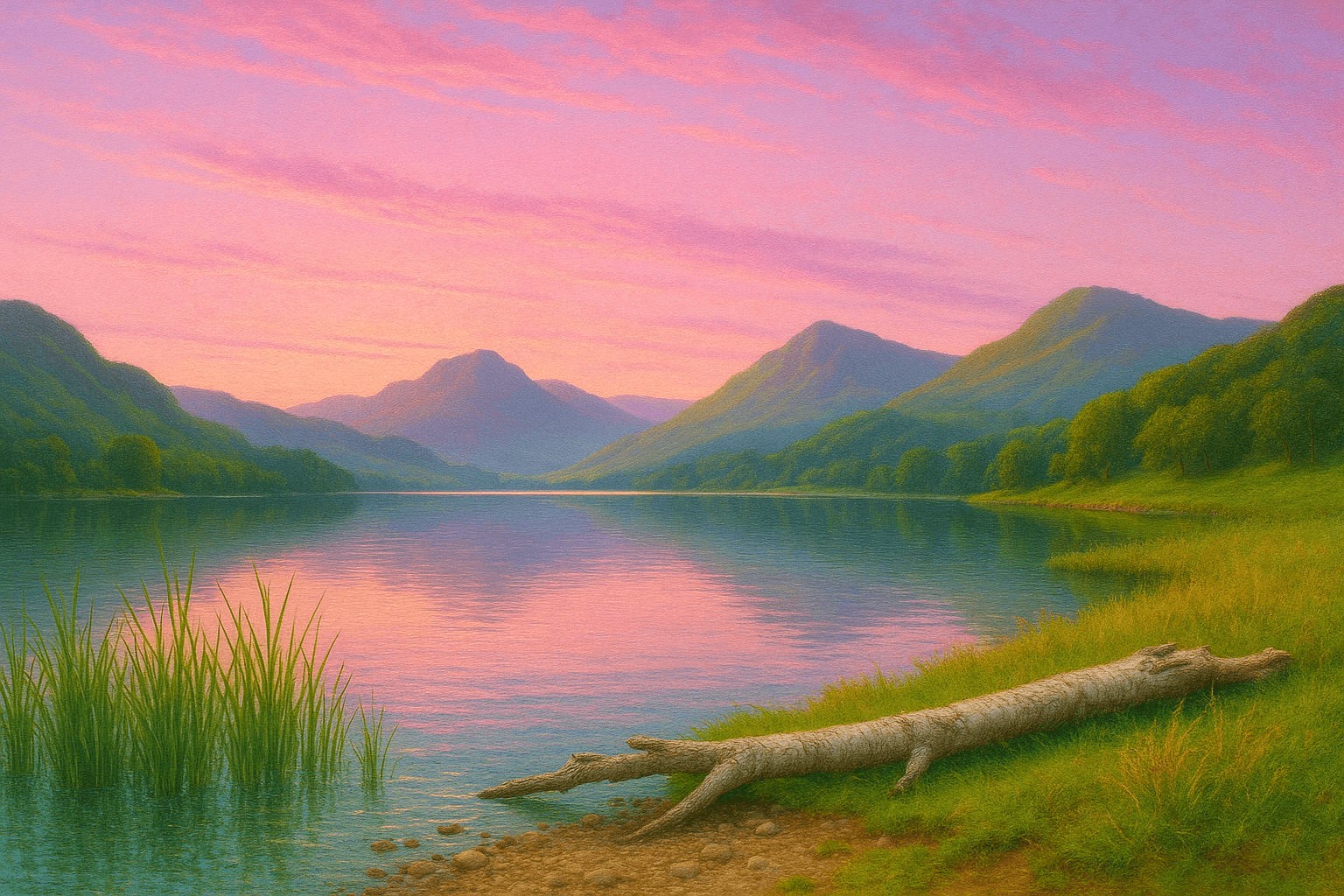 Pre-Raphaelite oil painting: calm English lake at gentle pink dusk