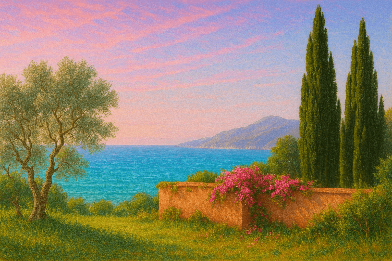 Pre-Raphaelite oil painting: Mediterranean villa overlooking the sea with cypress and bougainvillea